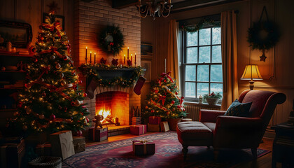 Obraz premium Cozy vintage Christmas holdiay decorated room with Christmas tree, fireplace, candles, toys, carpet and armchair, dramatic, with white tones