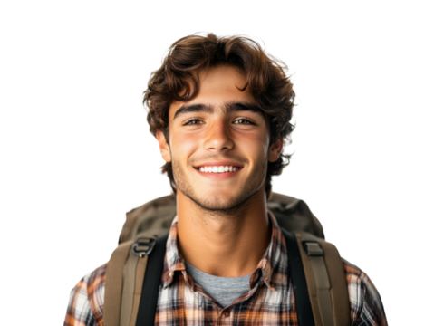 Smiling teenage boy with backpack, cheerful student portrait for education, travel, or youth adventure themes isolated on transparent background
