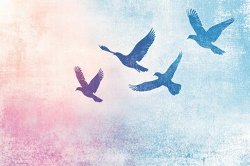 Colorful retro risograph design featuring flying birds against a pastel sky at sunrise. Generative AI