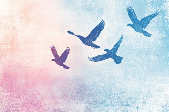 Colorful retro risograph design featuring flying birds against a pastel sky at sunrise. Generative AI