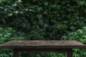 Naklejka premium Rustic Wooden Table with Green Foliage Background for Display