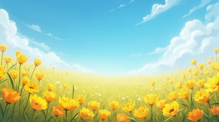 Obraz premium A Bright Field Of Yellow Flowers Blooming Under A Clear Blue Sky.