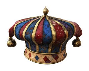 Old colorful jester hat with worn leather texture, medieval harlequin cap, vintage patchwork headwear, antique joker costume accessory, and festive design isolated on transparent background