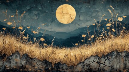Golden moonlit landscape serene mountains digital art nature artistic viewpoint tranquility and beauty