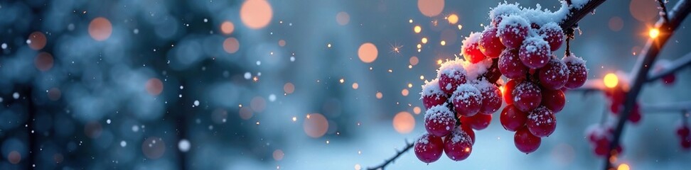 Twinkling lights on snowy vines with snowflakes, snowflake, grapevine