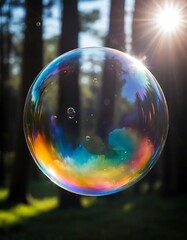 A large iridescent soap bubble floats in sunlight