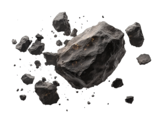 Shattering asteroid rock with fiery explosion, realistic space debris impact effect, celestial collision concept for sci-fi designs isolated on transparent background