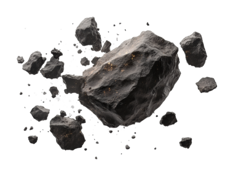 Shattering asteroid rock with fiery explosion, realistic space debris impact effect, celestial collision concept for sci-fi designs isolated on transparent background