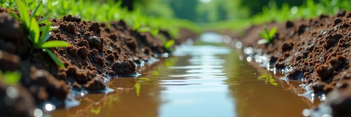 Waterlogged soil heaped against a storm drain, sediment, drainage