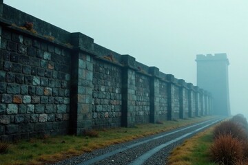 Fototapeta premium Weathered granite walls rise high in misty atmosphere, prison, rugged, prison life