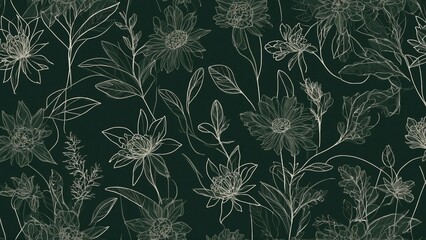 Fototapeta premium Stylish monochrome floral pattern featuring delicate line art on dark green background