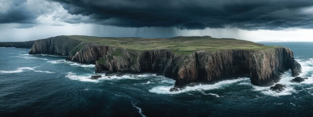 Obraz premium An epic aerial perspective of a massive storm front approaching the rugged coastline of Cape Wrath, Scotland, Cape Wrath storm scene