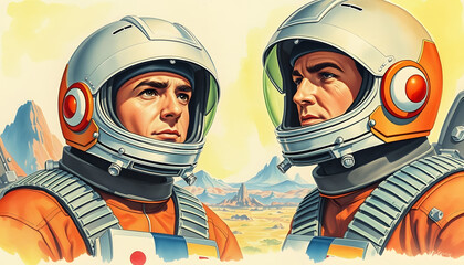 vintage sci-fi painting of two male astronauts wearing helmets on alien planet, created with, watercolor, with white tones