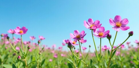 Obraz premium Wild Myosotis flowers against a clear blue sky, meadow, delicate, blooms