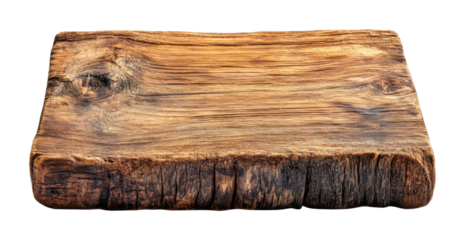 Old rustic wooden chopping block with dark texture, vintage cutting board, weathered kitchen surface, aged wood, and farmhouse culinary decor isolated on transparent background