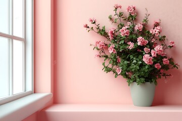 Fototapeta premium Pink flowers in pot by window.