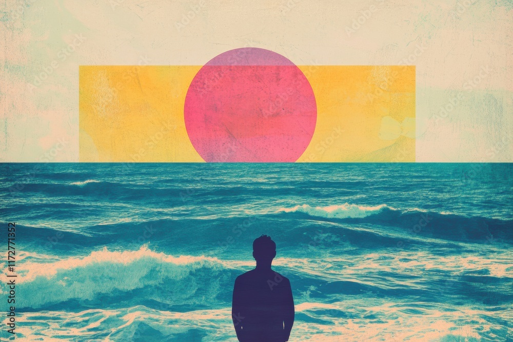 Poster Sunset horizon view with a person gazing at the sea in a retro risograph style artwork evoking tranquility and reflection. Generative AI