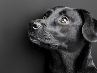 Fototapeta premium A black dog looking up at the sky with a black background
