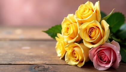 Naklejka premium Yellow rose bouquet on a wooden table with pink rose stems, stem, pink roses