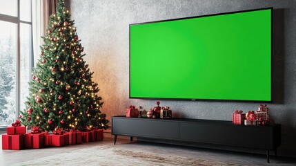 Living room with a large wall-mounted TV, green screen display, and subtle red holiday accents creating a festive vibe