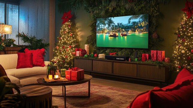 Living room with a large wall-mounted TV, green screen display, and subtle red holiday accents creating a festive vibe - Powered by Adobe