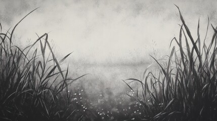 Obraz premium Monochromatic Painting of Tall Grasses Near Water