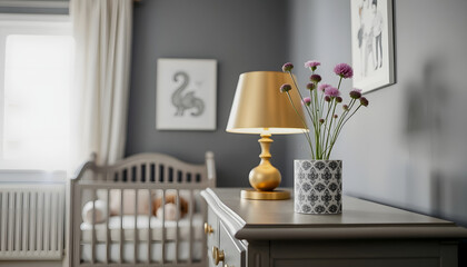Golden lamp and heather in patterned pot on the vintage cabinet in grey baby room interior with crib and armchair, close-up, with white tones