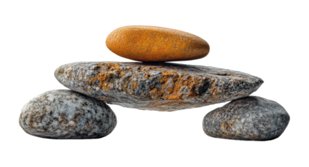 Set of smooth stones balanced on flat rock, natural harmony concept for spa, meditation, and relaxation themes isolated on transparent background