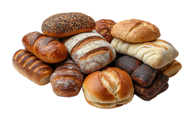 Variety of fresh artisan bread and crusty texture, assortment of baked goods for bakery shop display isolated on transparent background