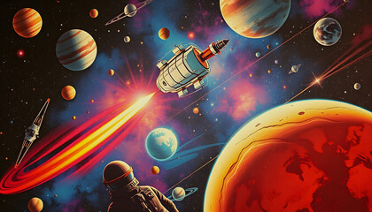 Retro futuristic, space wallpaper. 4K vintage background, colorful vintage abstract galaxy illustration. Colorful planets, spaceships flying through the galaxy, collage style, with white tones