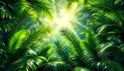 Obraz premium A view of lush jungle reveals a mesmerizing pattern of green palm leaves, creating a stunning abstract art piece that exudes beauty in vibrant and positive light of a pleasant summer day, ai generated