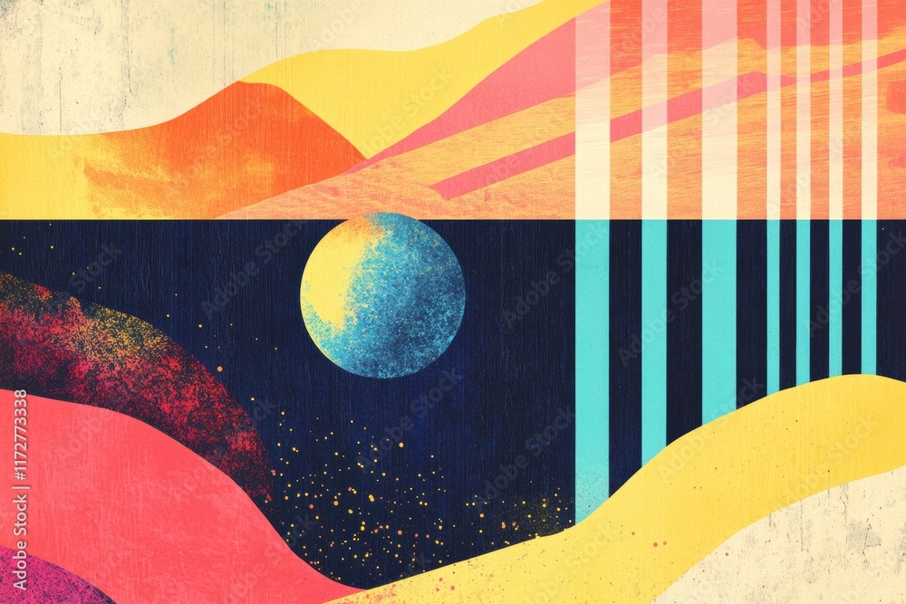 Poster retro risograph artwork showcasing abstract landscapes and celestial elements in vibrant colors and 