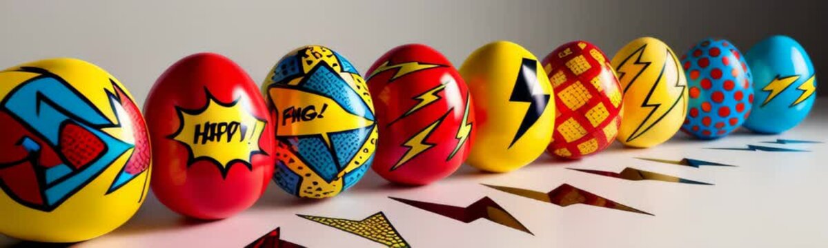 Vibrant Easter eggs in a comic book style with speech bubbles, lightning bolts, and polka dots. Website banner