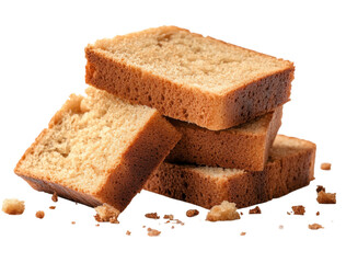 Stacked slices of sponge cake with crumbs, baked dessert texture, homemade sweet treat concept for bakery or food display isolated on transparent background