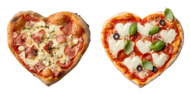 Set of pizzas in heart shapes, flat lay cutout, isolated against a transparent png background