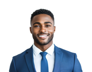 Smiling confident businessman in a navy blue suit with arms crossed, professional portrait for corporate leadership, success, and business career concepts isolated on transparent background