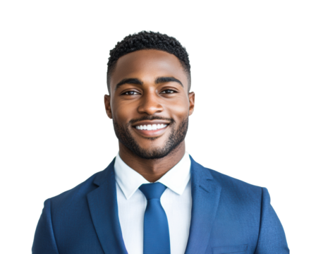 Smiling confident businessman in a navy blue suit with arms crossed, professional portrait for corporate leadership, success, and business career concepts isolated on transparent background