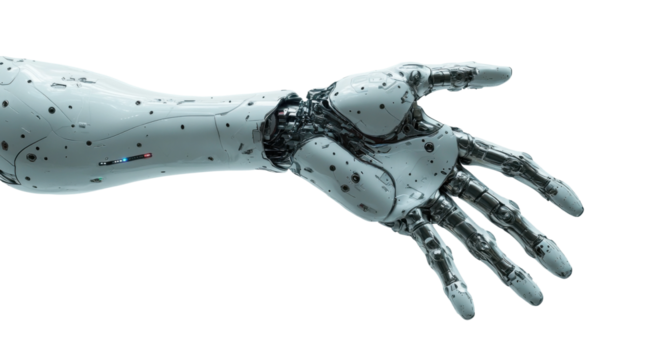 Silver robotic hand with sleek cybernetic design, advanced AI mechanical arm for futuristic science, robotics, and technology isolated on transparent background