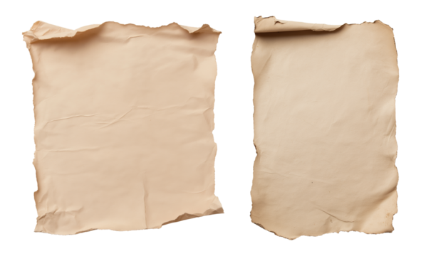 set of old wrinkled scroll paper, flat lay, cutout isolated against a transparent background