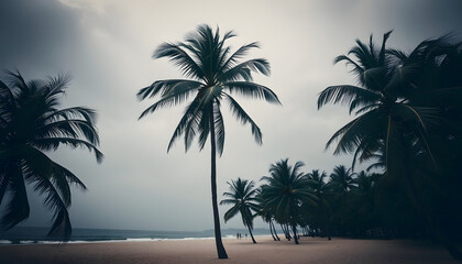 Obraz premium Tropical palm trees on the beach. Vintage style, dramatic atmosphere, with white tones