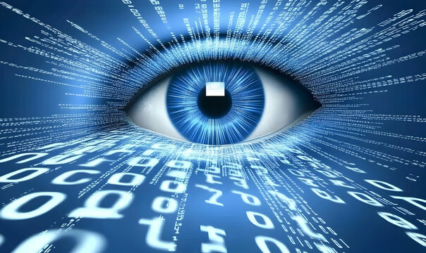 Abstract digital eye concept showcasing binary code streams, representing data surveillance, cybersecurity, or AI vision.