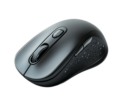 Wireless black computer mouse with ergonomic design, smooth matte finish, portable modern device for office and gaming use isolated on transparent background