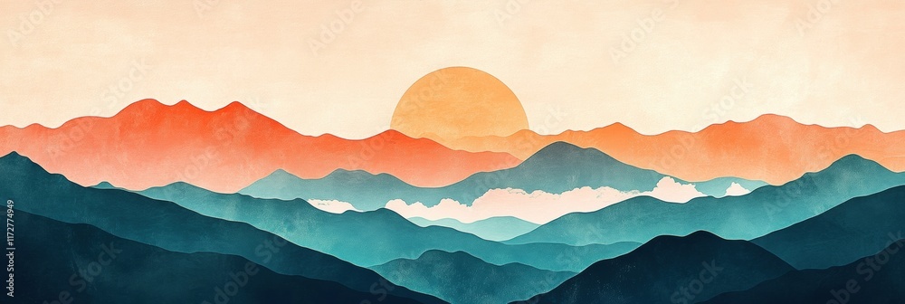 Poster retro risograph style artwork depicting mountains at sunset with warm colors creating a serene lands