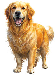 Fototapeta premium Golden Retriever with fluffy fur, depicted in a full-body pose. The dog’s friendly nature and elegant coat make it perfect for pet illustrations, logos, or digital artwork.