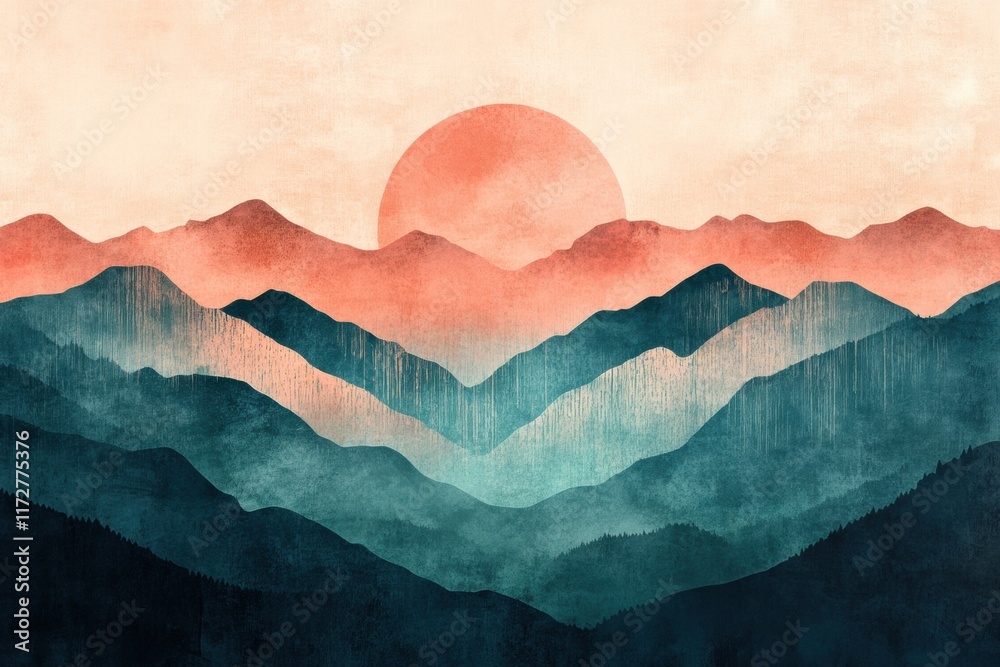 Aufkleber retro risograph style mountain landscape at sunset with warm tones and layered textures illustrating