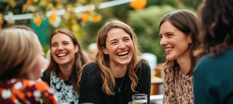 Friends gathering together, laughing and having fun outdoors