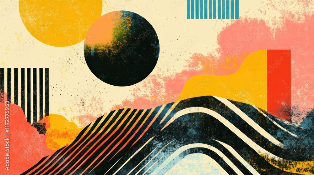 Poster colorful retro risograph style artwork featuring abstract shapes and landscapes with vibrant hues an