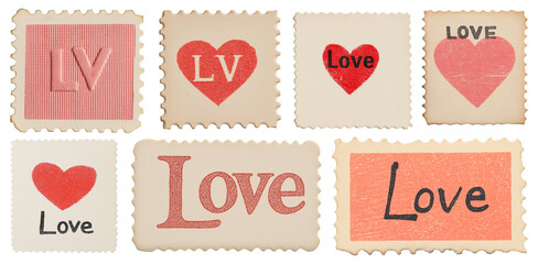 Set of vintage tattered worn love stamps, valentines day love scrapbooking, paper crafting, hearts, flat lay, isolated against a transparent background