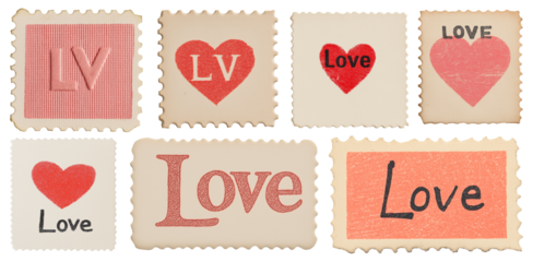 Set of vintage tattered worn love stamps, valentines day love scrapbooking, paper crafting, hearts, flat lay, isolated against a transparent background