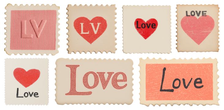 Set of vintage tattered worn love stamps, valentines day love scrapbooking, paper crafting, hearts, flat lay, isolated against a transparent background